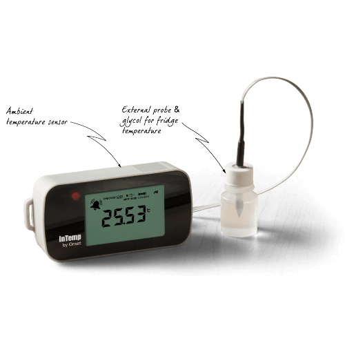 InTemp VFC oltóanyag hőmérséklet adatgyűjtő bluetooth kapcsolattal, érzékelővel és glikolos palackkal - CX402-VFCxxx